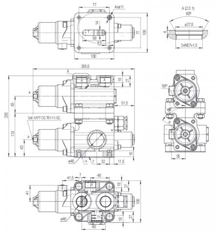 Габаритные и присоединительные размеры гидрораспределителей для автосамосвалов MR100.T4.Р