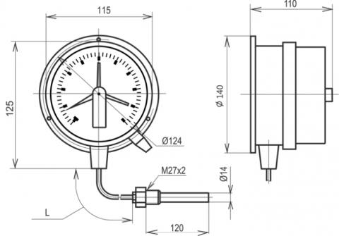 Габаритные и установочные размеры термометра сигнализирующего ТМП-100С