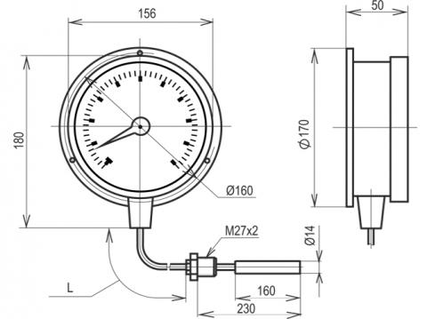 Габаритные и установочные размеры термометра ТМП-160