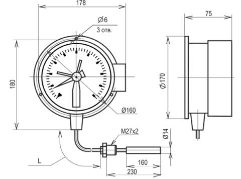 Габаритные и установочные размеры термометра ТМП-160С