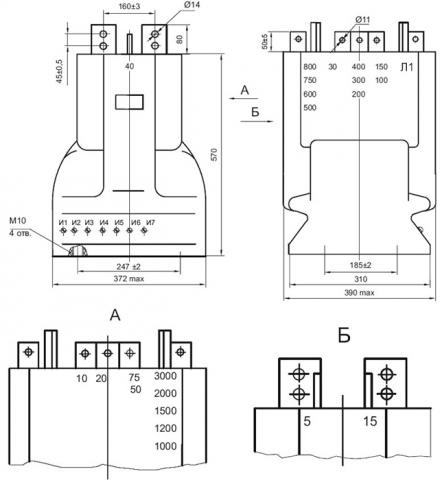 Рис.1. Габаритные и присоединительные размеры трансформатора тока ТЛЛ-35