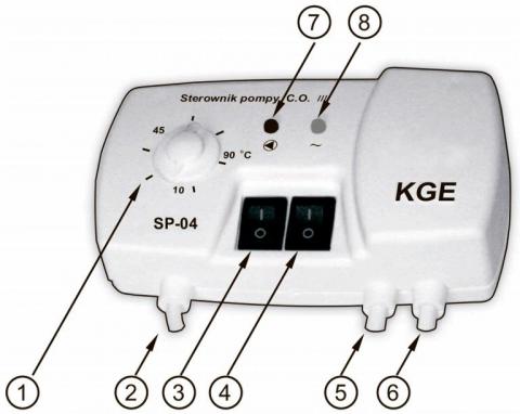 Рис.1. Схема для терморегулятора KG Elektronik SP-04, где 1 - потенциометр; 2 - датчик температуры; 3 - выключатель ручного режима управления насосом; 4 - выключатель питания термостата; 5 - сетевой провод; 6 - подключение насоса; 7 - индикатор зеленого цвета работы насоса; 8 - индикатор красного цвета работы термостата.