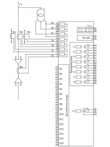 Рис.1. Схема подключений внешних цепей с тремя ТТ к устройству РЗЛ-02.2СВ02