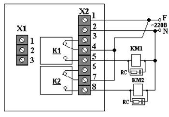 Рис.1. Схема внешних соединений контроллера БМ-2, где:Клеммник Х1 не используется. КМ1, КМ2 – реверсивный пускатель. RC- ограничивающая RC –цепочка