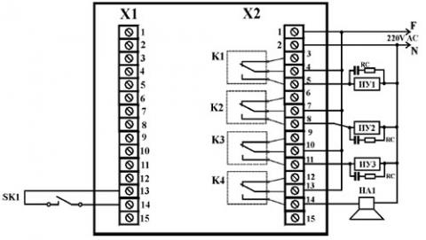 Рис.1. Схема внешних соединений контроллера МР-50, где К1 — реле включения вращения ёмкости в левую сторону. К2— реле включения вращения ёмкости в правую сторону. К3— реле, свободно программируемое пользователем. К4 — реле включения сигнализации.