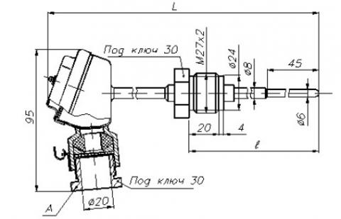 Рис.2. Габаритные размеры ТСП-5089 (исп.2), где: А – для подсоединения экранированным кабелем без трубы