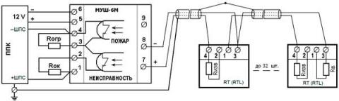 Рис.2 . Схема подключения пожарных извещателей к охранно-пожарным ППК с помощью МУШ-6М