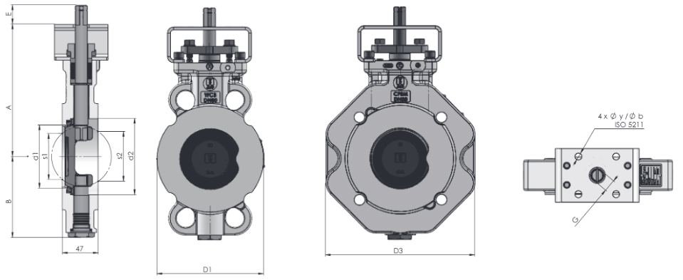 Габаритные размеры поворотных затворов 2Е-5 ABO valve (DN 50 - DN 125)
