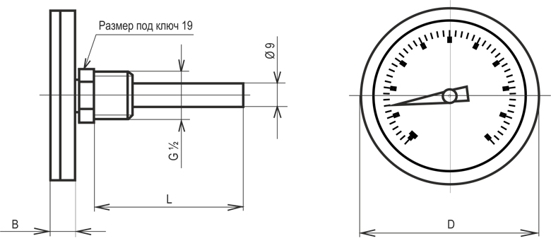 Габаритные и присоединительные размеры термометра ТБУ-100