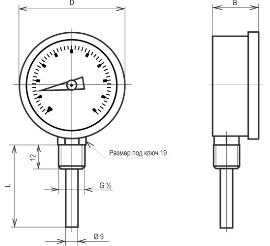Габаритные и присоединительные размеры термометра ТБУ-63